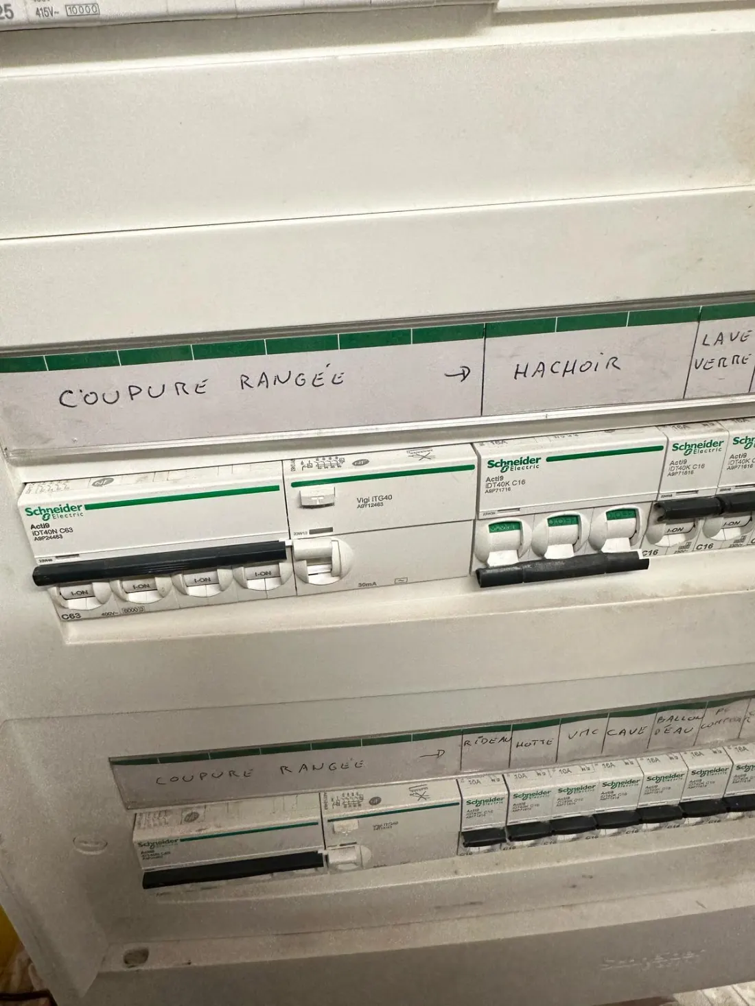 Tableau Schneider Acti9 avec rangées repérées et différentiels Vigi