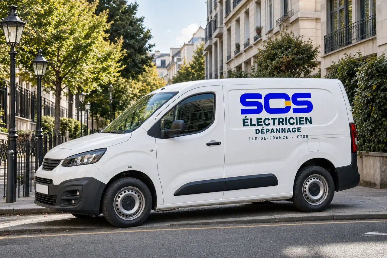Utilitaire SOS Électricien Dépannage garé dans une rue de Montreuil